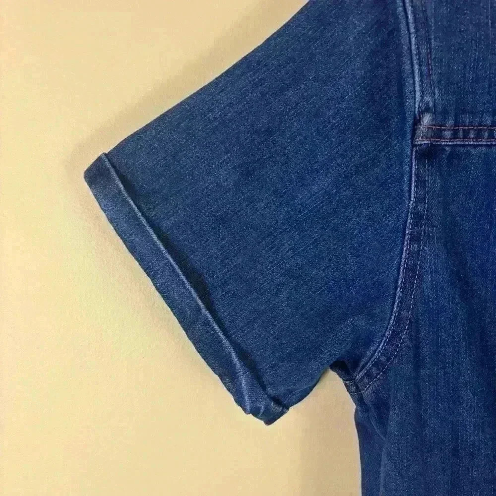 Le Lis Denim “70’s” Retro Collared Button Down Fitted Raw Hem Jean Dress Size M - Picture 11 of 16